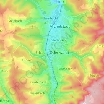 Mapa topográfico Erbach (Odenwald), altitud, relieve