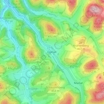 Mapa topográfico Dorlar, altitud, relieve