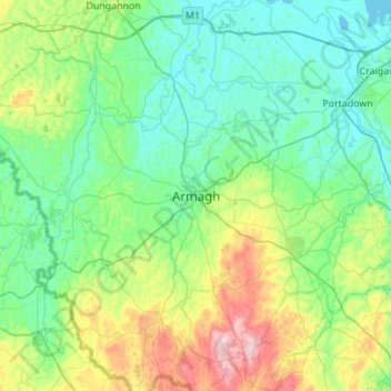 Mapa topográfico Armagh, altitud, relieve