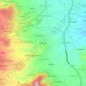 Mapa topográfico Bergas, altitud, relieve