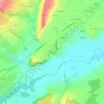 Mapa topográfico Chareil, altitud, relieve