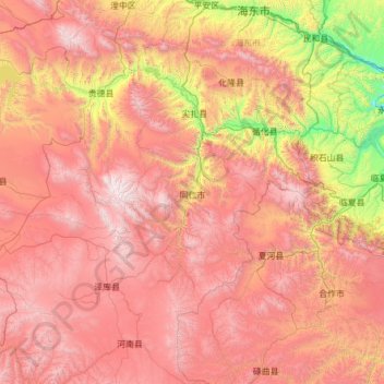 Mapa topográfico 黄南州, altitud, relieve