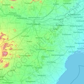 Mapa topográfico Pudukkottai, altitud, relieve