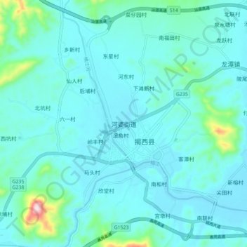 Mapa topográfico 河婆街道, altitud, relieve