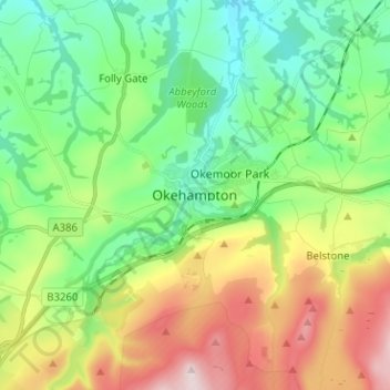 Mapa topográfico Okehampton, altitud, relieve