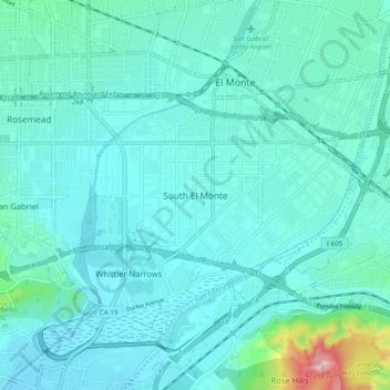 Mapa topográfico South El Monte, altitud, relieve