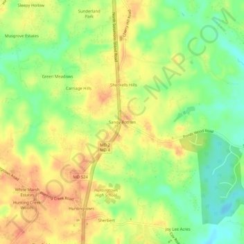 Mapa topográfico Sandy Bottom, altitud, relieve