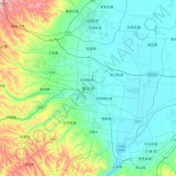 Mapa topográfico 孝义市, altitud, relieve