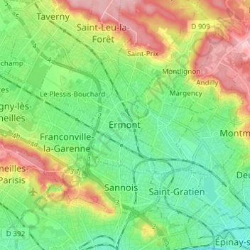 Mapa topográfico Ermont, altitud, relieve