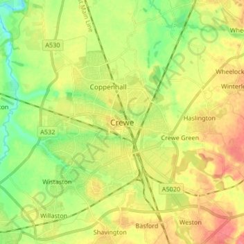 Mapa topográfico Crewe, altitud, relieve