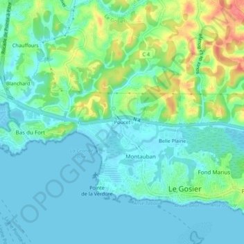 Mapa topográfico Poucet, altitud, relieve