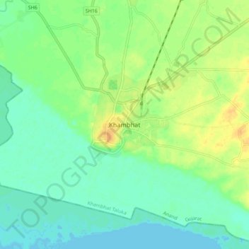 Mapa topográfico Khambhat, altitud, relieve