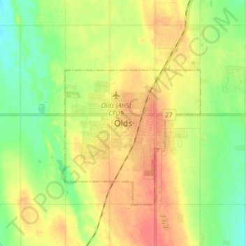 Mapa topográfico Olds, altitud, relieve