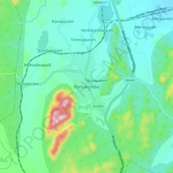 Mapa topográfico Penukonda, altitud, relieve