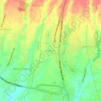 Mapa topográfico Mengwi, altitud, relieve