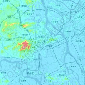 Mapa topográfico 江门市, altitud, relieve