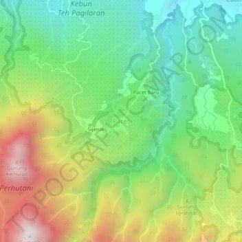 Mapa topográfico Pacet, altitud, relieve