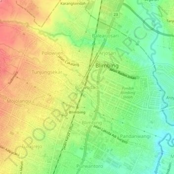 Mapa topográfico Purwodadi, altitud, relieve