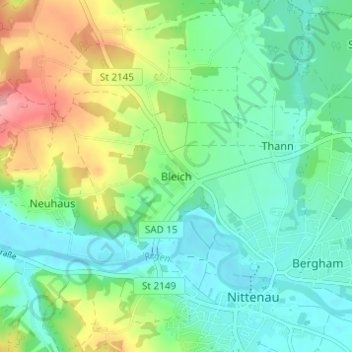 Mapa topográfico Bleich, altitud, relieve