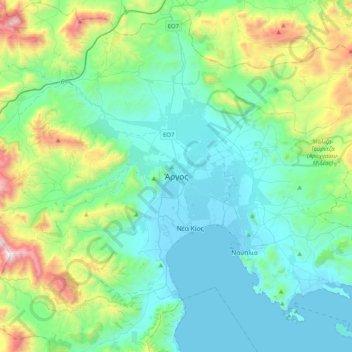 Mapa topográfico Άργος, altitud, relieve