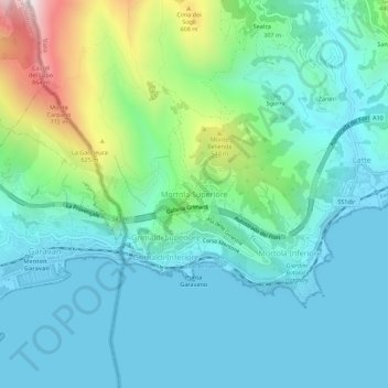 Mapa topográfico Mortola Superiore, altitud, relieve