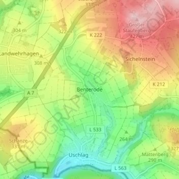 Mapa topográfico Benterode, altitud, relieve