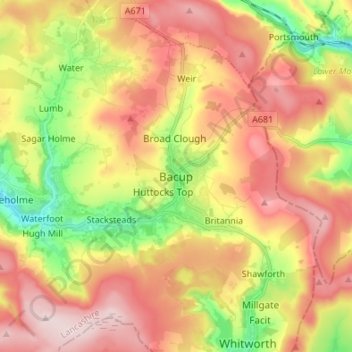 Mapa topográfico Bacup, altitud, relieve