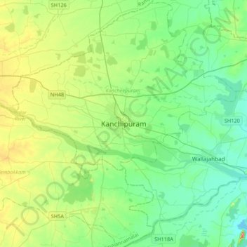Mapa topográfico Kanchipuram, altitud, relieve
