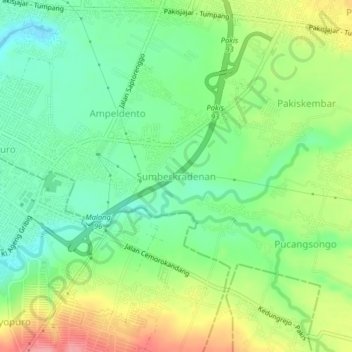 Mapa topográfico Sumberkradenan, altitud, relieve