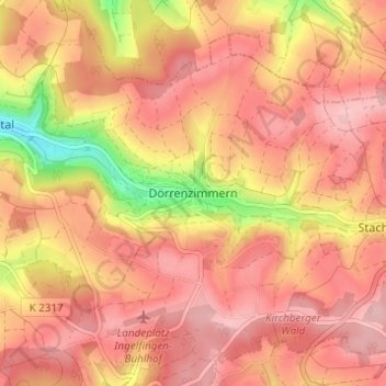 Mapa topográfico Dörrenzimmern, altitud, relieve