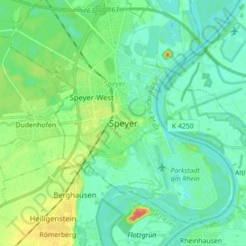 Mapa topográfico Speyer, altitud, relieve