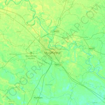 Mapa topográfico Muzaffarpur, altitud, relieve