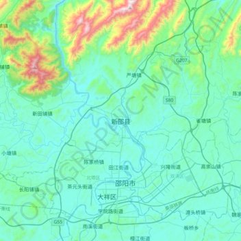 Mapa topográfico 新邵县, altitud, relieve