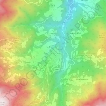 Mapa topográfico Bosco di Corniglio, altitud, relieve