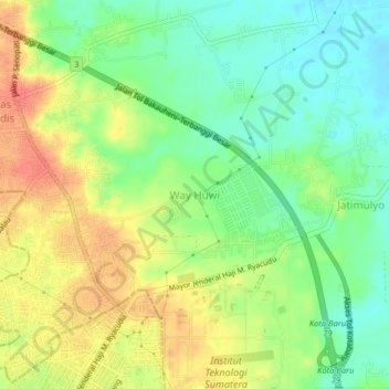 Mapa topográfico Way Huwi, altitud, relieve