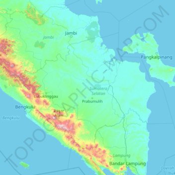 Mapa topográfico South Sumatra, altitud, relieve