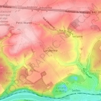 Mapa topográfico Landenne, altitud, relieve