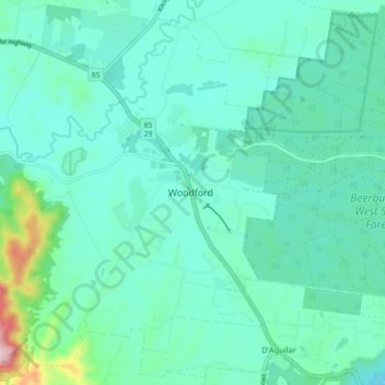 Mapa topográfico Woodford, altitud, relieve