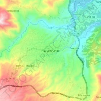 Mapa topográfico Huauchinango, altitud, relieve