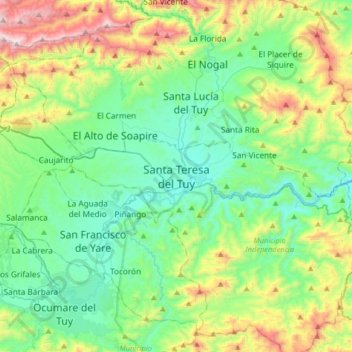 Mapa topográfico Santa Teresa del Tuy, altitud, relieve