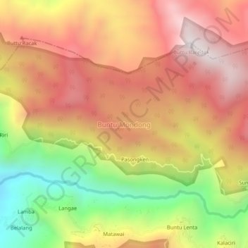 Mapa topográfico Buntu Mondong, altitud, relieve