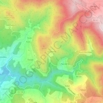 Mapa topográfico Carvalheda, altitud, relieve