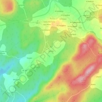 Mapa topográfico Xornes, altitud, relieve