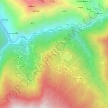 Mapa topográfico Dhaara, altitud, relieve