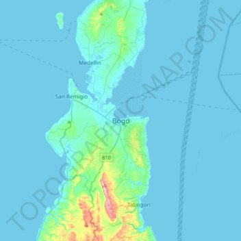 Mapa topográfico Bogo, altitud, relieve