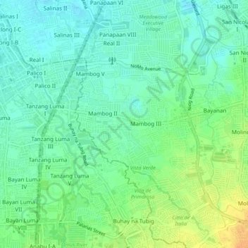 Mapa topográfico Mambog 3, altitud, relieve