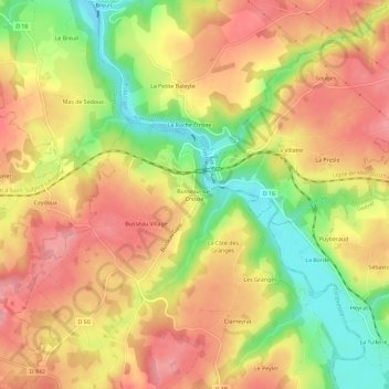 Mapa topográfico Busseau-sur-Creuse, altitud, relieve