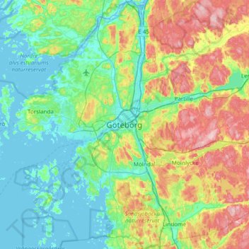 Mapa topográfico Göteborg, altitud, relieve