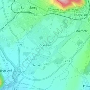 Mapa topográfico Oberlind, altitud, relieve