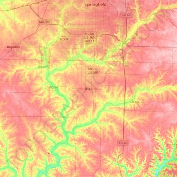 Mapa topográfico Nixa, altitud, relieve